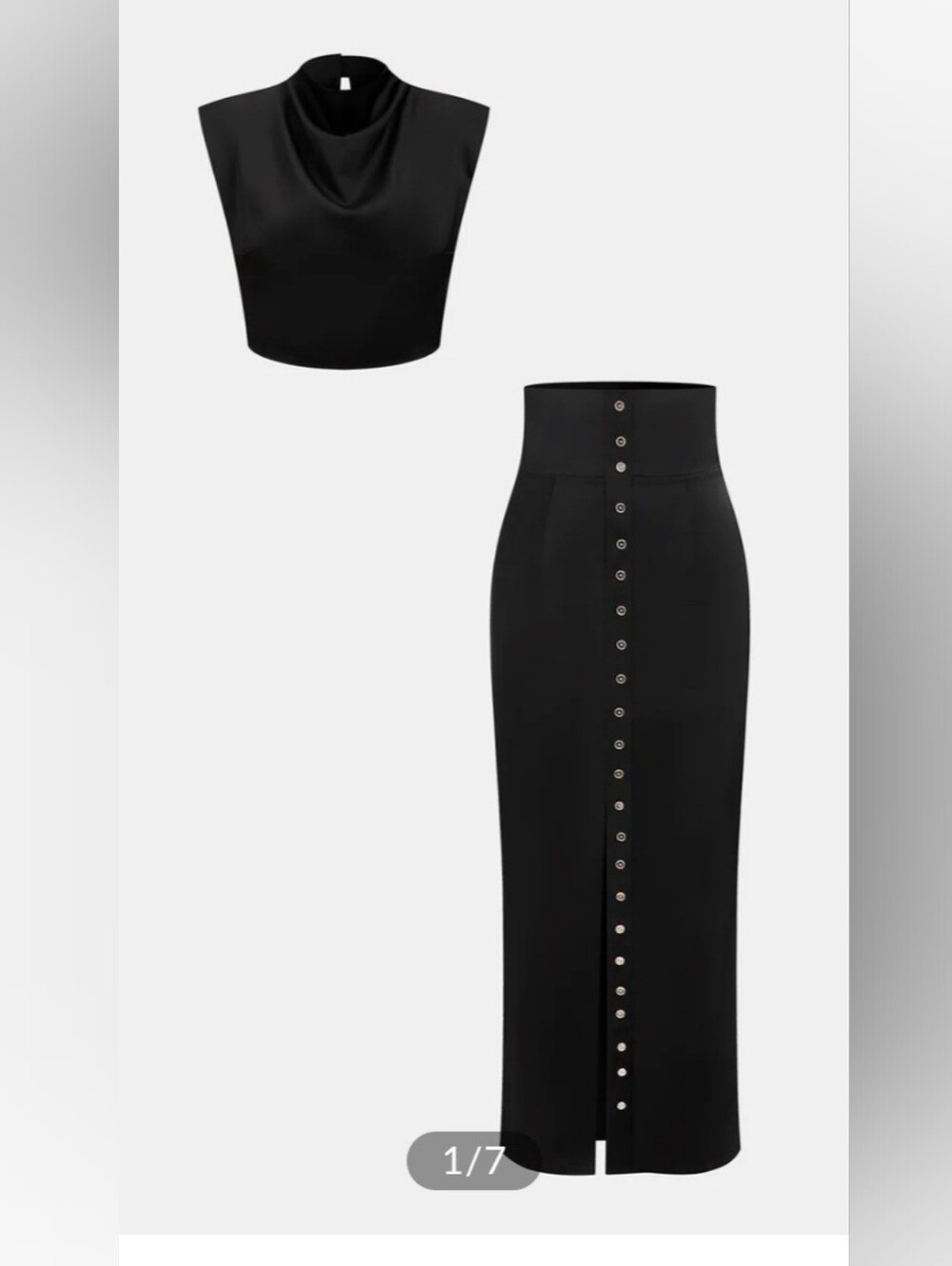 Commense Satin Cowl Neck Top & High-Waist Black Button-Front Maxi Skirt